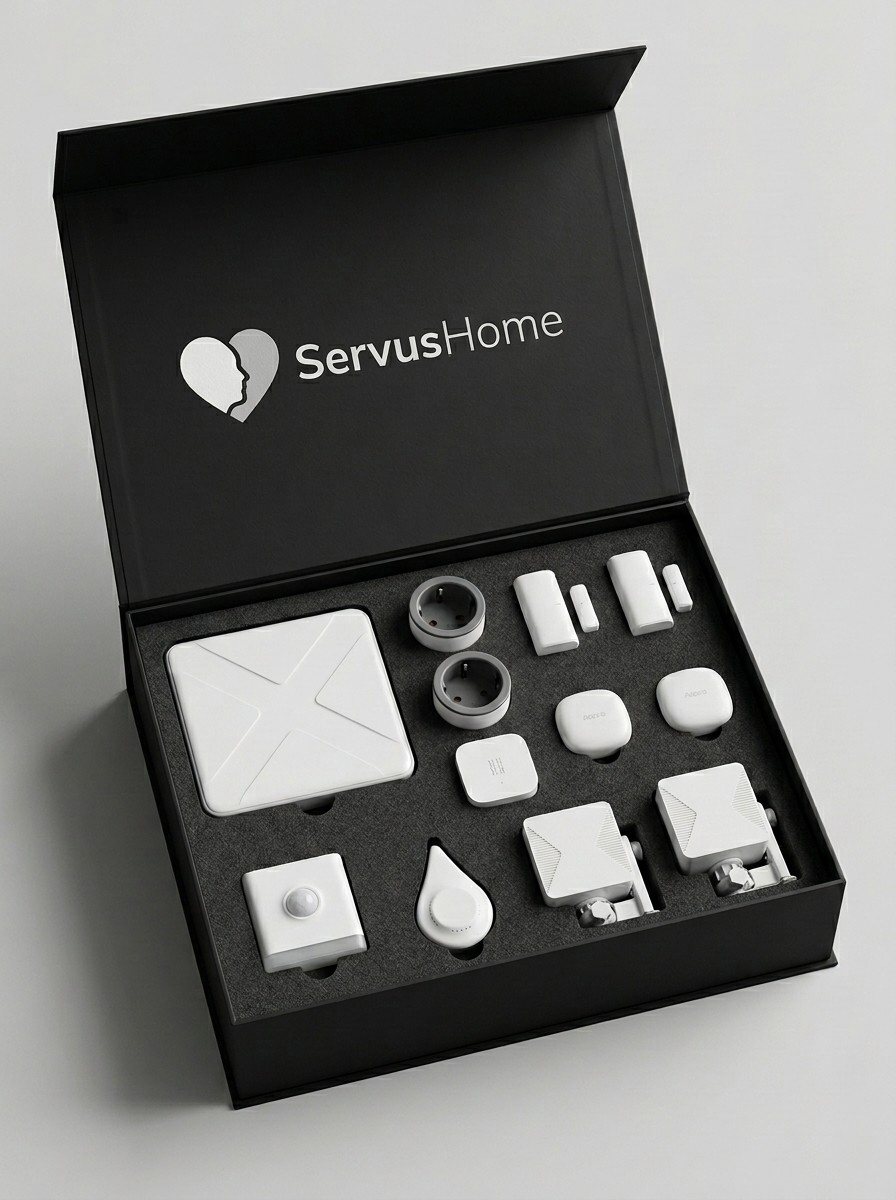Symbolbild: Die geöffnete Servus-Home-Box mit Basisstation, Sturzsensoren, Türsensoren, Smart-Steckern, Nachtlicht und Wassersensor